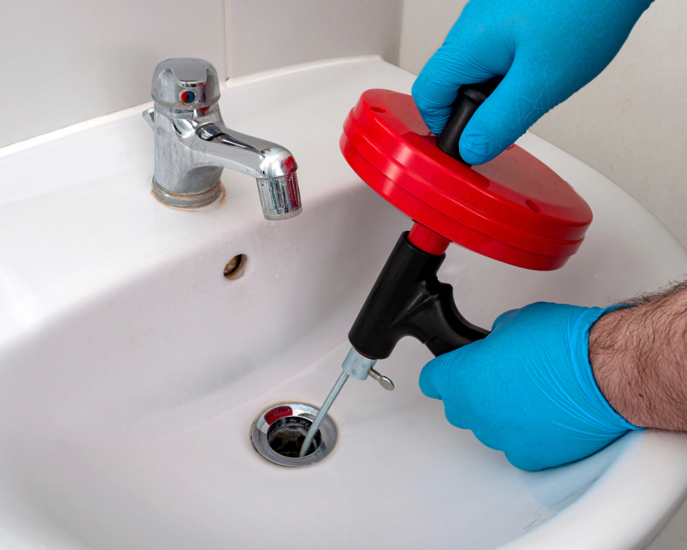 man using a tool to clean bathroom drain Battle Creek MI